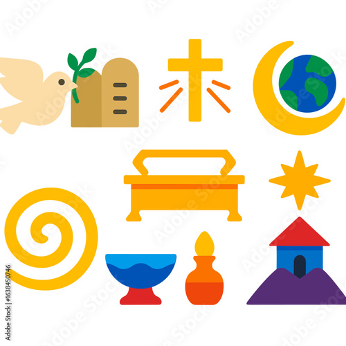 Modern Religious Icons. Flat vector icons of religion symbols: dove with olive branch, ten commandments tablet, ark of the