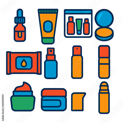Bright Travel Skincare Icons. Flat vector icons of travel skincare essentials: mini serum icon, portable face wash tube,