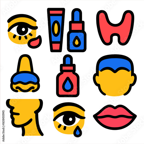Bold Skincare Icons. Flat vector icons of face-specific zones care: eye cream icon, lip balm tube, jawline sculpt tool, nose detox