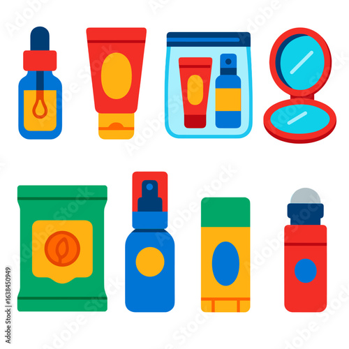 Bright Travel Skincare Icons. Flat vector icons of travel skincare essentials: mini serum icon, portable face wash tube,