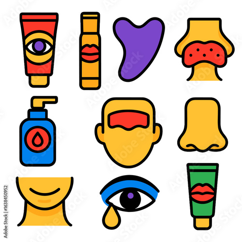 Bold Skincare Icons. Flat vector icons of face-specific zones care: eye cream icon, lip balm tube, jawline sculpt tool, nose detox