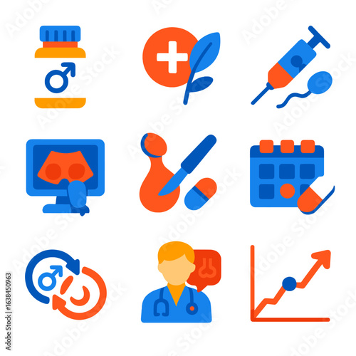 Male Fertility Icons. Flat vector icons of male fertility treatments: hormone therapy bottle, antioxidant supplement icon,