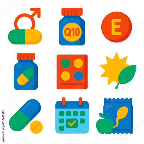 Male Fertility Supplement Icons. Flat vector icons of male fertility supplements: zinc capsule icon, coenzyme Q10 bottle, vitamin