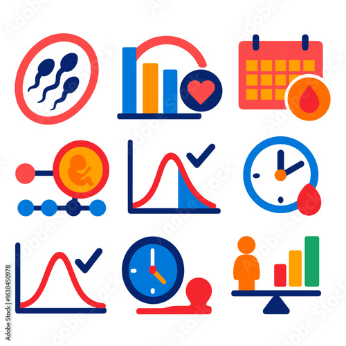 Reproductive Timeline Icons. Flat vector icons of reproductive timeline and milestones: sperm lifespan icon, fertilization window