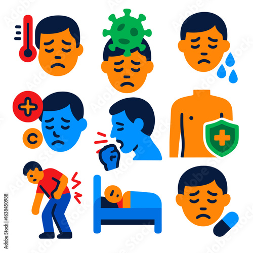Fatigue Recovery Icons. Flat vector icons of fatigue due to illness: fever fatigue face, viral exhaustion icon, post-illness