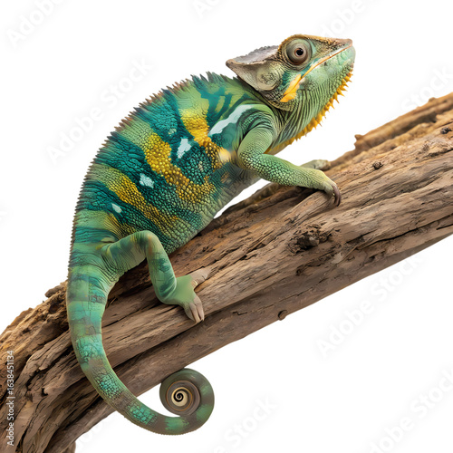 Panther Chameleon on Branch, Close-up Profile View, Isolated on White Background