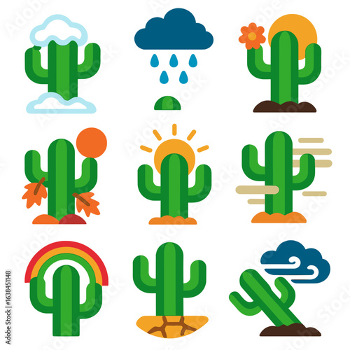 Seasonal Cactus Icons. Flat vector icons of cactus in different seasons: cactus with snow cap, cactus under rain cloud, cactus in