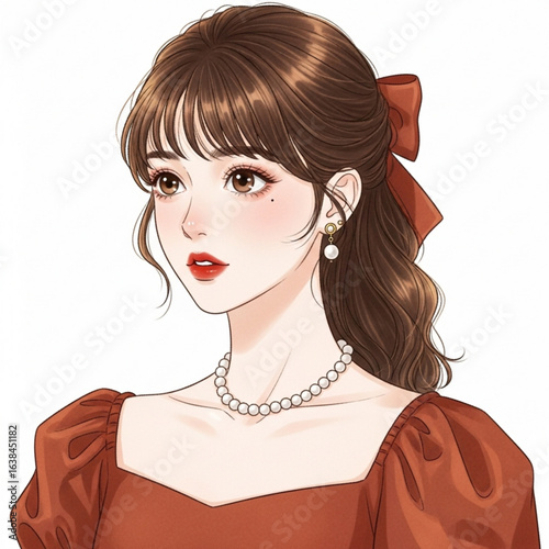 Vector art of cartoon girl with ribbon in hair and pearl necklace isolated on white background