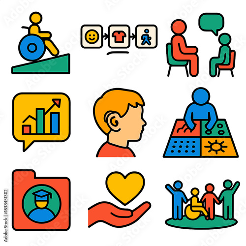 Bright Support Icons. Flat vector icons of special needs support: wheelchair access ramp, visual routine icon, therapy session