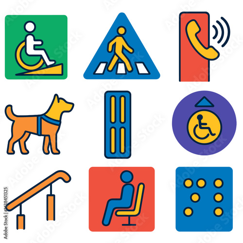 Safety and Accessibility Icons. Flat vector icons of safety and accessibility in public places: wheelchair ramp icon, pedestrian