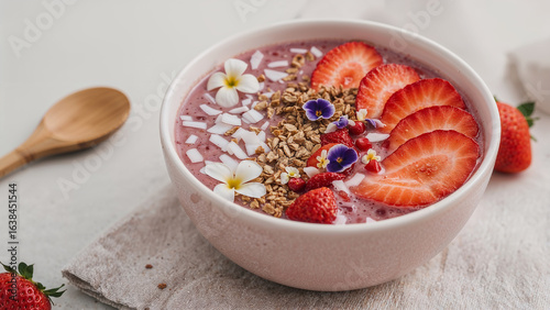 Smoothie Bowl Topped with Strawberries Granola Coconut and Flowers acai bowl breakfast