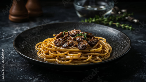 Spaghetti Pasta with Mushroom Sauce and Rosemary Garnish italian food