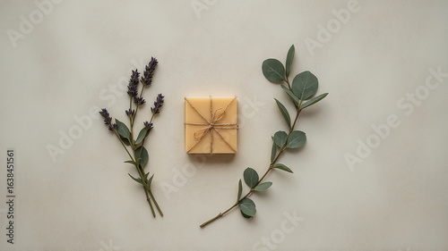 Square Wrapped Soap Bar with Lavender and Eucalyptus Branches on Textured Light Background handmade soap