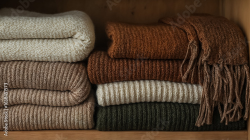 Stacked Folded Knitted Sweaters and Scarves in Earthy Tones on Wooden Shelf folded sweaters knitted scarves