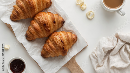 Three Golden Croissants with Butter and Jam on a Wooden Board pastry baked goods