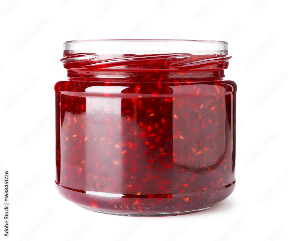Sweet raspberry jam in glass jar isolated on white Sweet raspberry jam in glass jar isolated on white