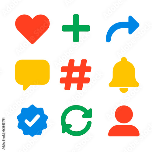 Minimalist Social Media Icons. Flat vector icons of minimal social media signs: like heart icon, follow plus symbol, share arrow