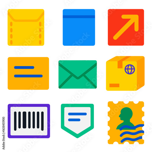 Modern Mail Icons. Flat vector icons of mailing and postal packaging: padded envelope icon, mailing tube, poly mailer bag,