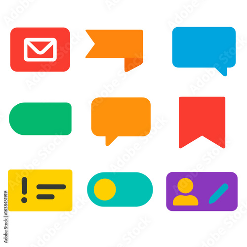 Vibrant UI Icon Set. Flat vector icons of interface labels and callouts: new message tag, status update ribbon, tooltip banner