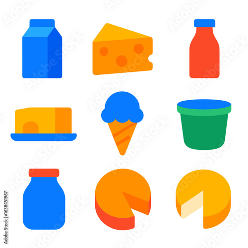 Bright Dairy Icons. Flat vector icons of dairy product items: milk carton, wedge of cheese, yogurt cup, cream bottle, butter block
