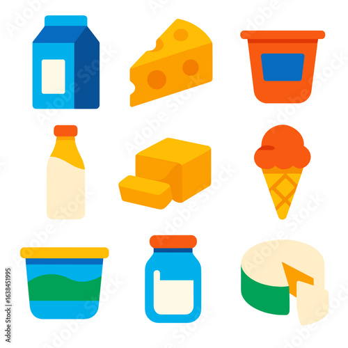 Bright Dairy Icons. Flat vector icons of dairy product items: milk carton, wedge of cheese, yogurt cup, cream bottle, butter block