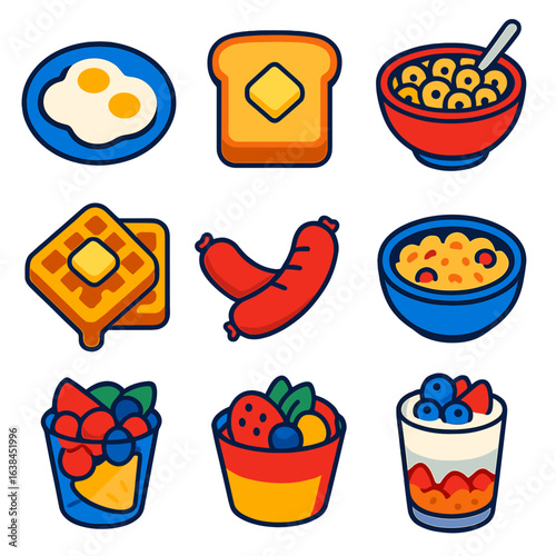 Breakfast Icon Set. Flat vector icons of breakfast food items: scrambled eggs, toast with butter, bowl of cereal, pancake stack,