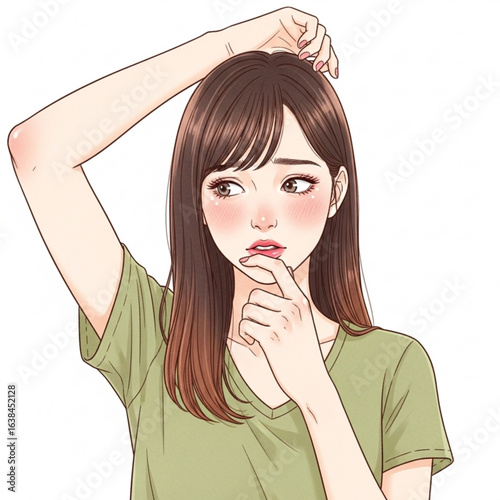 Illustration of a thoughtful girl with her finger on her lips isolated on white background