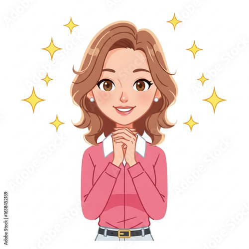 Illustration of a happy girl with sparkles around her isolated on white background