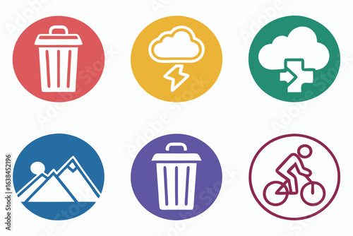 Set of colorful icons with trash can cloud lightning mountains and cyclist garbage bin