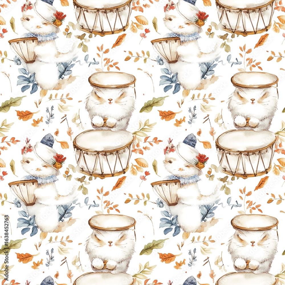 Cat White kitten wearing a hat in a watercolor flower garden and leaves. Seamless fabric pattern. Textile background. Cat White kitten wearing a hat in a watercolor flower garden and leaves. Seamless fabric pattern. Textile background.