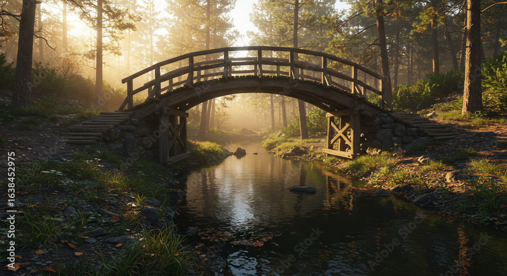 Fototapeta premium A wooden bridge over a stream in a forest with sunlight shining through the trees in the background