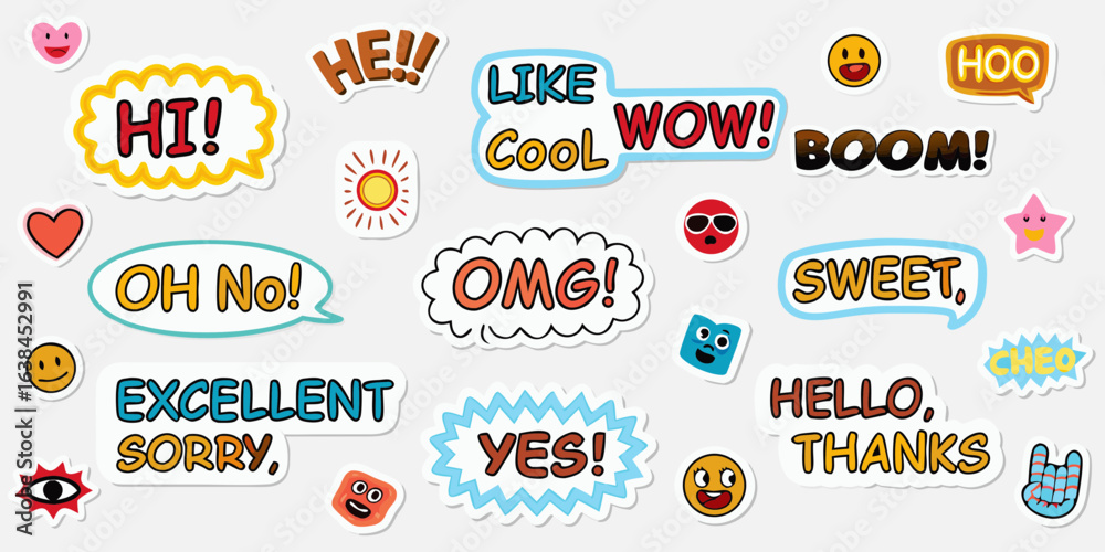Fototapeta premium Collection of colorful cartoon speech bubbles with exclamations and emojis