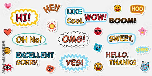 Collection of colorful cartoon speech bubbles with exclamations and emojis