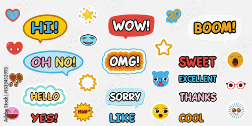Collection of colorful speech bubbles with positive and negative expressions