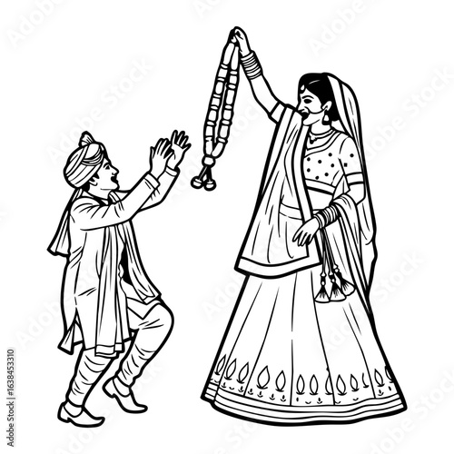 Minimal Hindu Wedding Playful Jaimala Teasing Moment Vector Illustration