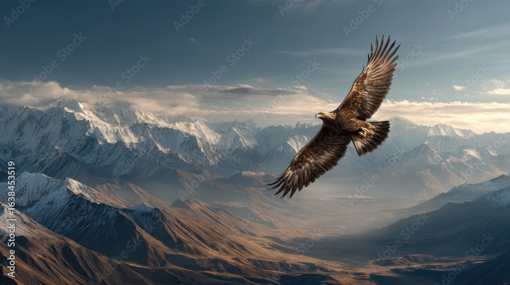 Naklejka premium Golden Eagle Soaring Over Snowy Mountains at Sunrise