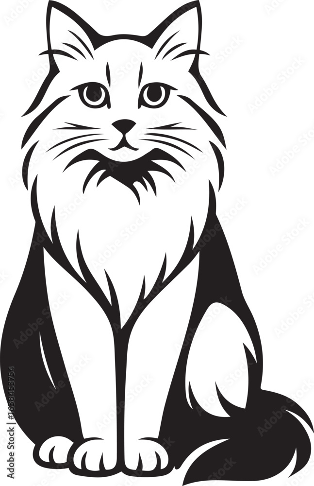 Black and white illustration of a fluffy cat sitting Black and white illustration of a fluffy cat sitting