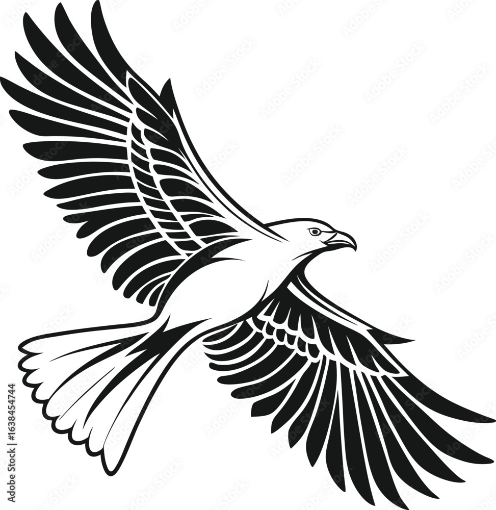 Fototapeta premium black and white, simple, minimalist, bird silhouette, flying, detailed, wing span, graphic design, vector art, digital illustration