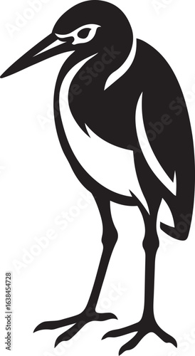 Black silhouette of a heron standing on a white background