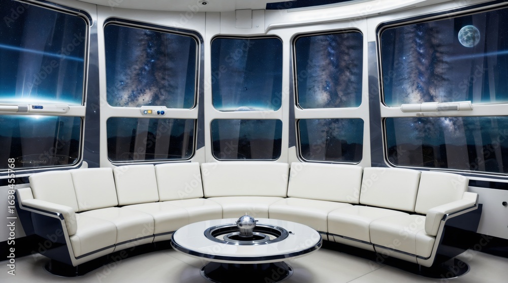 Obraz premium Futuristic spaceship lounge interior with panoramic windows
