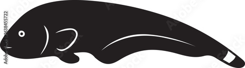 Black silhouette of a plump fish with a smiling face