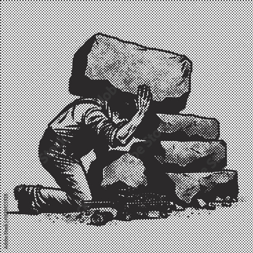 Halftone Vector Art: Man Straining Under a Heavy Stone.vector, digital, art, design, illustration, man, straining, heavy, stone, dots.