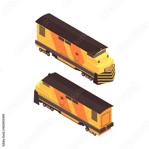 Isometric yellow and brown diesel locomotive from front and rear views