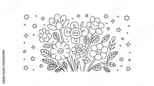 Whimsical Floral Bouquet with Stars - Line Art Illustration