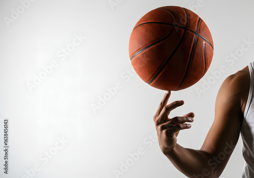 Basketball player spinning ball on finger isolated on white background