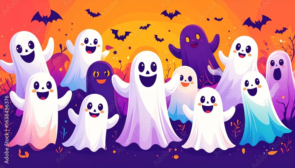 Naklejka premium festive gathering ghosts cartoon characters celebrate halloween bright vector colors bold lines lively