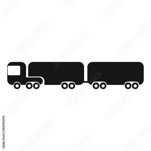 A simple black icon of a long haul truck with two trailers for freight.