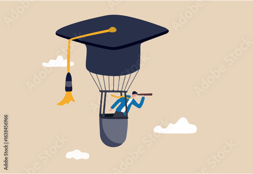 Education or knowledge to growth career path, working skill to success in work, learn or study new course for business success concept, businessman fly graduation mortar hat balloon see future vision.