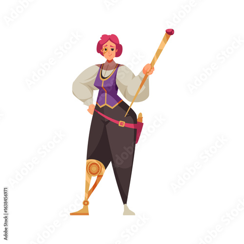 Illustrated fantasy heroine in vintage attire with a mechanical leg