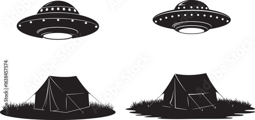 Two ufos hovering over two tents silhouette